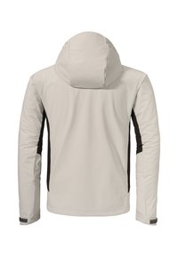 Light gray waterproof jacket featuring a hood, dark side panels, and textured fabric. Designed for outdoor activities with adjustable cuffs.