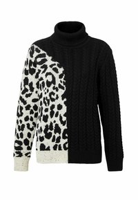 Un pull à col roulé noir et crème présentant un motif de tricot torsadé d'un côté et un motif léopard de l'autre. Poignets et ourlet côtelés.
