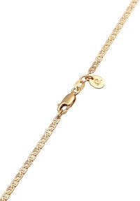 Bracciale in catena color oro con anelli intrecciati, una finitura liscia e un sicuro moschettone con un piccolo tag di marca.