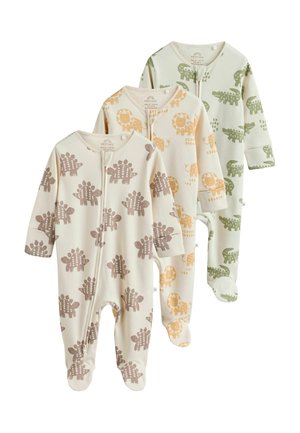 Trzy niemowlęce pajacyki w kolorze kremowym, z nadrukami brązowego dinozaura, pomarańczowego lwa i zielonego krokodyla, zapinane na suwak z przodu.