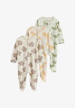 Tri dječje pidžame u krem boji s tiskom smeđeg dinosaura, narančastog lava i zelenog krokodila, zatvaranje sprijeda na patentni zatvarač.