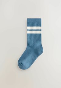 Gestreifte blaue Baumwollsocke mit zwei weißen Streifen near oben und einer abgerundeten Spitze. Glatte Textur und klassisches sportliches Design.