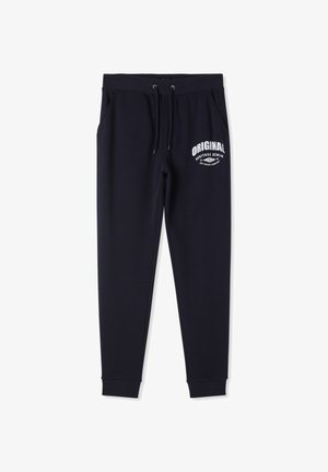 Granatowe spodnie dresowe z miękkiego materiału, z elastycznym pasem, sznurkiem do regulacji i nadrukowanym logo "ORIGINAL". Posiadają boczne kieszenie i ściągacze przy nogawkach.