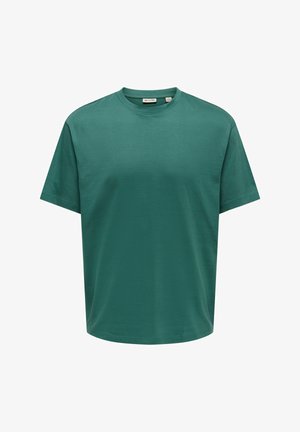 T-skjorte med kort erme og rund hals i ensfarget grønn farge, vist forfra mot en ensfarget hvit bakgrunn.