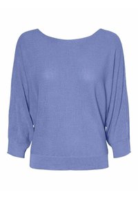 Pull ample et léger de couleur bleu clair. Présente une encolure large et des manches trois-quarts avec une texture côtelée. Design simple.