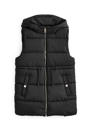 Gilet rembourré noir avec capuche, doté d'une fermeture éclair à l'avant, de deux poches latérales et de cordons de serrage à la taille. Texture lisse avec des panneaux matelassés.