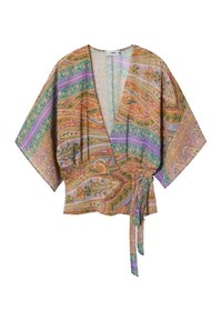 Trykt kimono-lignende omslagsskjorte i let stof med paisley-mønstre i orange, grøn og lilla samt detaljer med knyttet talje.