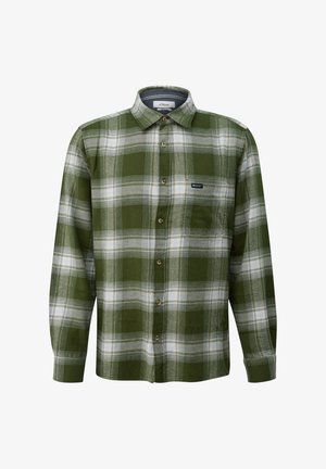 Koszula na guziki w zielono-białą kratę, z długimi rękawami, wykonana z mieszanki bawełny, z kieszenią na piersi i brązowymi guzikami. Klasyczny kołnierz.