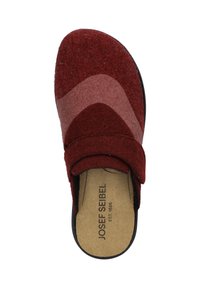 Red felt slip-on shoe with a velcro strap, textured surface, and a beige cushioned insole. Features a durable black outsole.