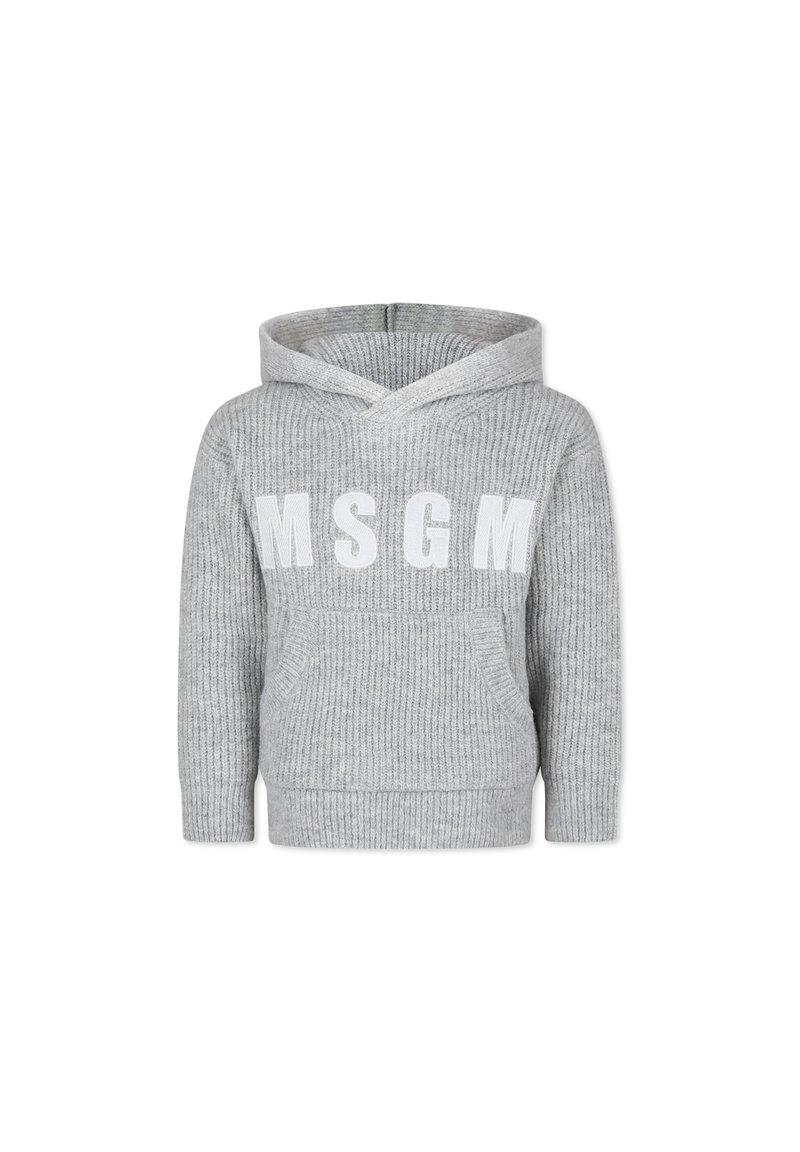 Felpa grigia a coste con un design a V, dotata di tasca frontale e lettere bianche "MSGM" sul petto. Tessuto morbido.