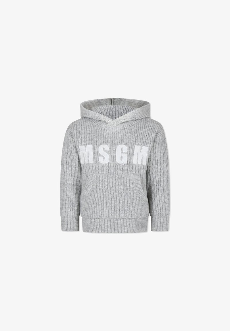 Felpa grigia a coste con un design a V, dotata di tasca frontale e lettere bianche "MSGM" sul petto. Tessuto morbido.