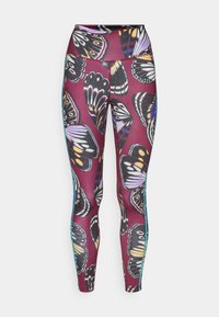 Leggings avec un fond bordeaux ornés d'imprimés de papillons colorés. Fabriqués en tissu extensible avec une taille haute et des accents latéraux bleus.