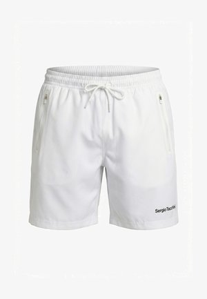 Fehér, elasztikus derekú rövidnadrág, állítható húzózsinórral, cipzáras oldalzsebekkel és "Sergio Tacchini" logóval a jobb alsó lábszáron.
