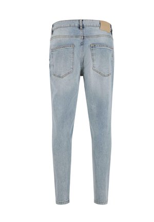Lichtblauwe skinny jeans met een gladde denimtextuur, vijf-pocket ontwerp, en een eenvoudige tailleband met een gestikte naad en logo-applicatie.