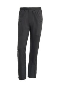 Pantalons de sport noirs avec une taille élastique, des jambes fuselées et deux poches avant zippées. Présente une texture contrastante au niveau des poignets.