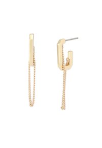 Orecchini color oro con un design geometrico rettangolare e una catena attaccata. Presentano metallo lucido e una chiusura a perno.