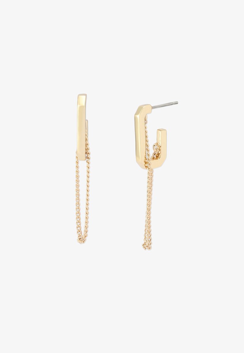 Gold-tone earrings with a geometric, rectangular design and an attached chain. Features polished metal and a stud post.