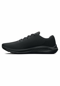 Scarpe da atletica nere con tomaia in rete, suola in gomma liscia e design snello. Presentano un sistema di allacciatura minimalista e dettagli testurizzati.