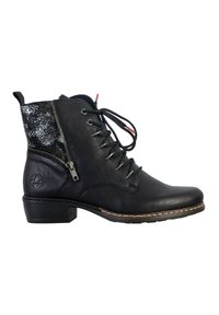 Bottine noire en cuir avec un laçage à l'avant, une fermeture éclair décorative, un panneau arrière texturé et un petit talon empilé.