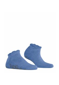 Chaussettes de cheville bleues avec une texture côtelée et une bordure festonnée, ornées d'un motif subtil imprimé en doré sur le côté.