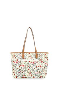 Sac fourre-tout à motif floral en crème, featuring des fleurs rouges et roses avec des feuilles vertes. Poignées et bordure en cuir marron. Design spacieux.