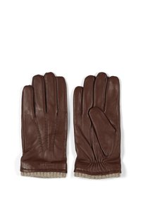 Brune skinnhansker med teksturert overflate, med fem fingre, dekorativ søm og en strikket beige mansjett ved håndleddet.