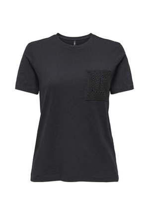 T-shirt nera a maniche corte con scollo rotondo e taschino sul petto a sinistra, con trama e motivo.