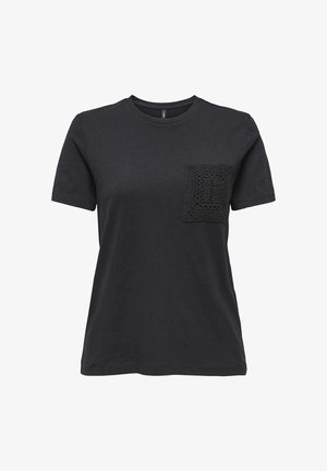 T-shirt nera a maniche corte con scollo rotondo e taschino sul petto a sinistra, con trama e motivo.