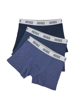 Drei Paare Herrenboxershorts in verschiedenen Blautönen mit grauen Taillenbändern, beschriftet mit "FATFACE."