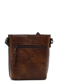 Borsa a secchiello in pelle marrone con texture a coccodrillo, dotata di tasca frontale con zip e tracolla regolabile. Forma rettangolare.
