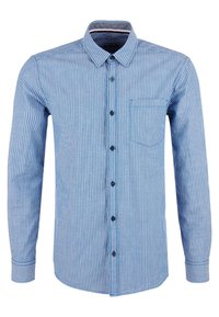 Blauw-witte gestreepte overhemd met lange mouwen, een button-down kraag, een borstzak en zwarte knopen. Gemaakt van katoen, rechte fit.