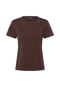 Bruine katoenen t-shirt met een ronde hals en korte mouwen. Voorzien van een geborduurd logo aan de bovenkant aan de linkerkant. Glad oppervlak en klassieke pasvorm.