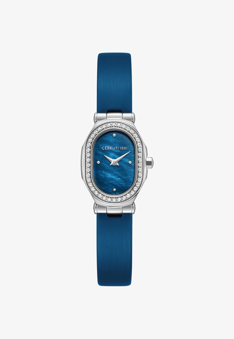 Montre ovale en argent avec cadran en nacre bleue, lunette en diamant, marqueurs minimalistes, aiguilles argentées et bracelet bleu texturé par Cerruti 1881.