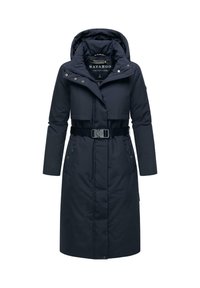 Cappotto lungo blu navy con cappuccio, vita con cintura, chiusura con zip e due tasche laterali. Realizzato in tessuto liscio e resistente all'acqua.