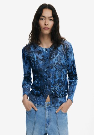 Blue patterned cardigan with a round neck, long sleeves, and button front closure. Features a mix of dark and light blue designs.