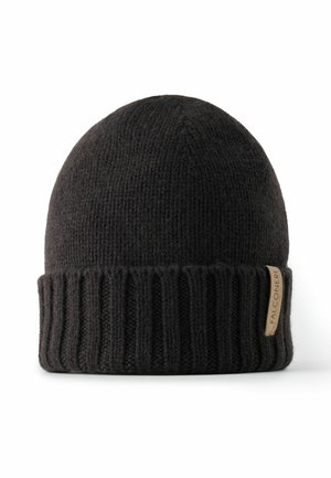 Schwarze gestrickte Beanie mit umgeschlagenem Rippenbündchen und kleinem beigen Etikett mit der Aufschrift Falconeri auf weißem Hintergrund.