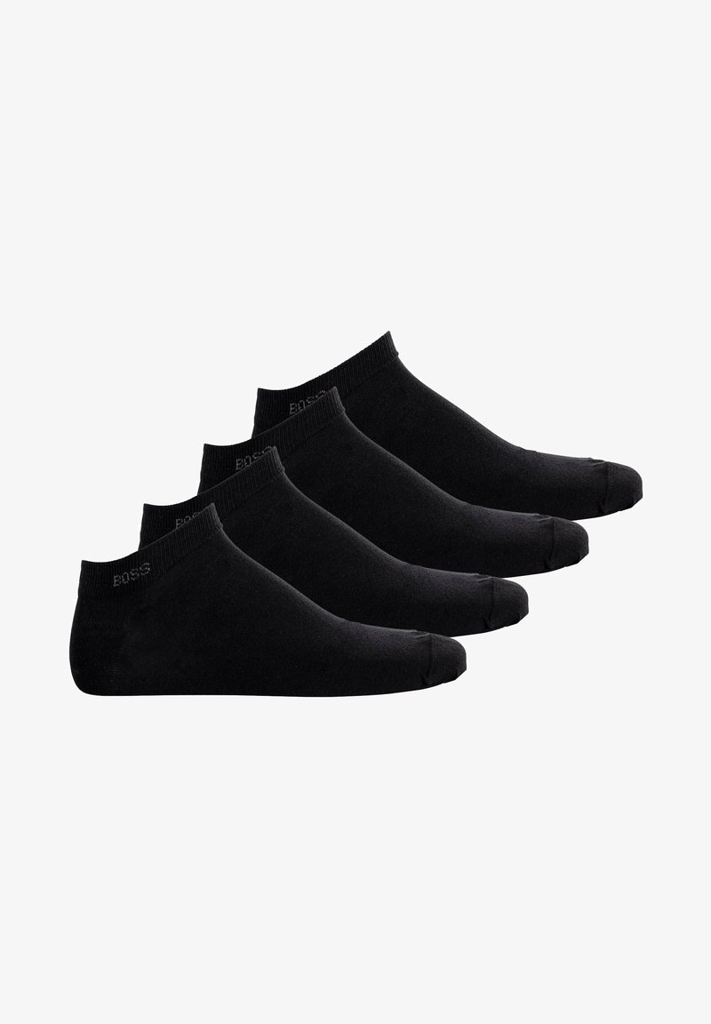 Calcetines negros hasta el tobillo en un paquete de cuatro, fabricados con un material suave y de textura lisa, con un puño acanalado y un sutil detalle de logo.
