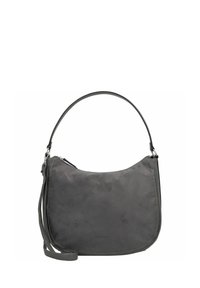 Sac à bandoulière en cuir gris foncé avec une seule lanière et une fermeture éclair sur le dessus, design minimaliste et couture discrète le long des bords.