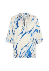 Blusa a maniche corte in tessuto leggero con un motivo astratto blu e bianco, dotata di scollatura annodata e vestibilità morbida.