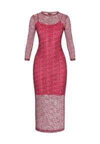 Röd och rosa leopardmönstrad klänning med långa genomskinliga ärmar, figursydd siluett, rund halsringning och midilängd. Texturerat material.