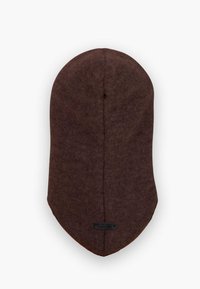 Beanie en laine marron avec un sommet arrondi et un dos pointu allongé. Texture douce et détails de couture visibles. Présente une petite étiquette noire.