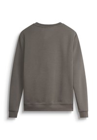Sudadera gris de manga larga, con cuello redondo y puños acanalados. Textura suave y diseño simple, sin patrones ni adornos.