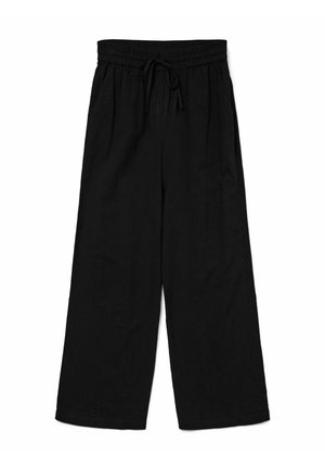 Pantalons larges en lin noir avec une taille élastique et un cordon de serrage ajustable. Présente une coupe décontractée et une texture lisse.
