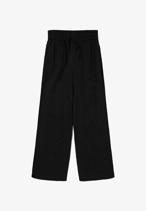 Sorte linned brede bukser med elastisk talje og justerbar snor. Har en afslappet pasform og glat tekstur.