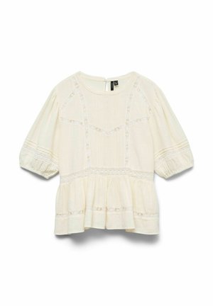 Cremefarbene Bluse mit Puffärmeln, Spitzeneinsätzen und einem Peplum-Saum, mit rundem Ausschnitt und Knopfverschluss am Rücken.