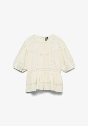 Cremefarbene Bluse mit Puffärmeln, Spitzeneinsätzen und einem Peplum-Saum, mit rundem Ausschnitt und Knopfverschluss am Rücken.