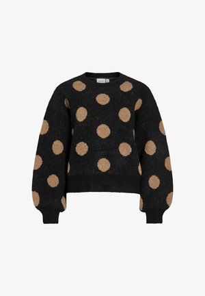 Musta neulepusero, jossa isot beiget pilkkutarrat, pyöreä pääntie ja resorit hihansuissa. Valmistettu teksturoidusta neuloksesta, jossa on lyhyt malli.