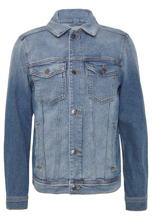 Lyseblå denimjakke med lange ærmer, knaplukning foran, to brystlommer med klap og sidelommer.