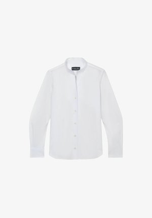 Witte blouse met lange mouwen en knopen, voorzien van een bandkraag, zes knopen aan de voorkant en op maat gemaakte manchetten.