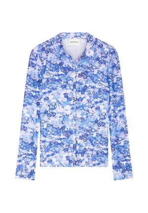 Overhemd met lange mouwen, knoopsluiting, blauw-wit abstract cirkelpatroon en een puntkraag.